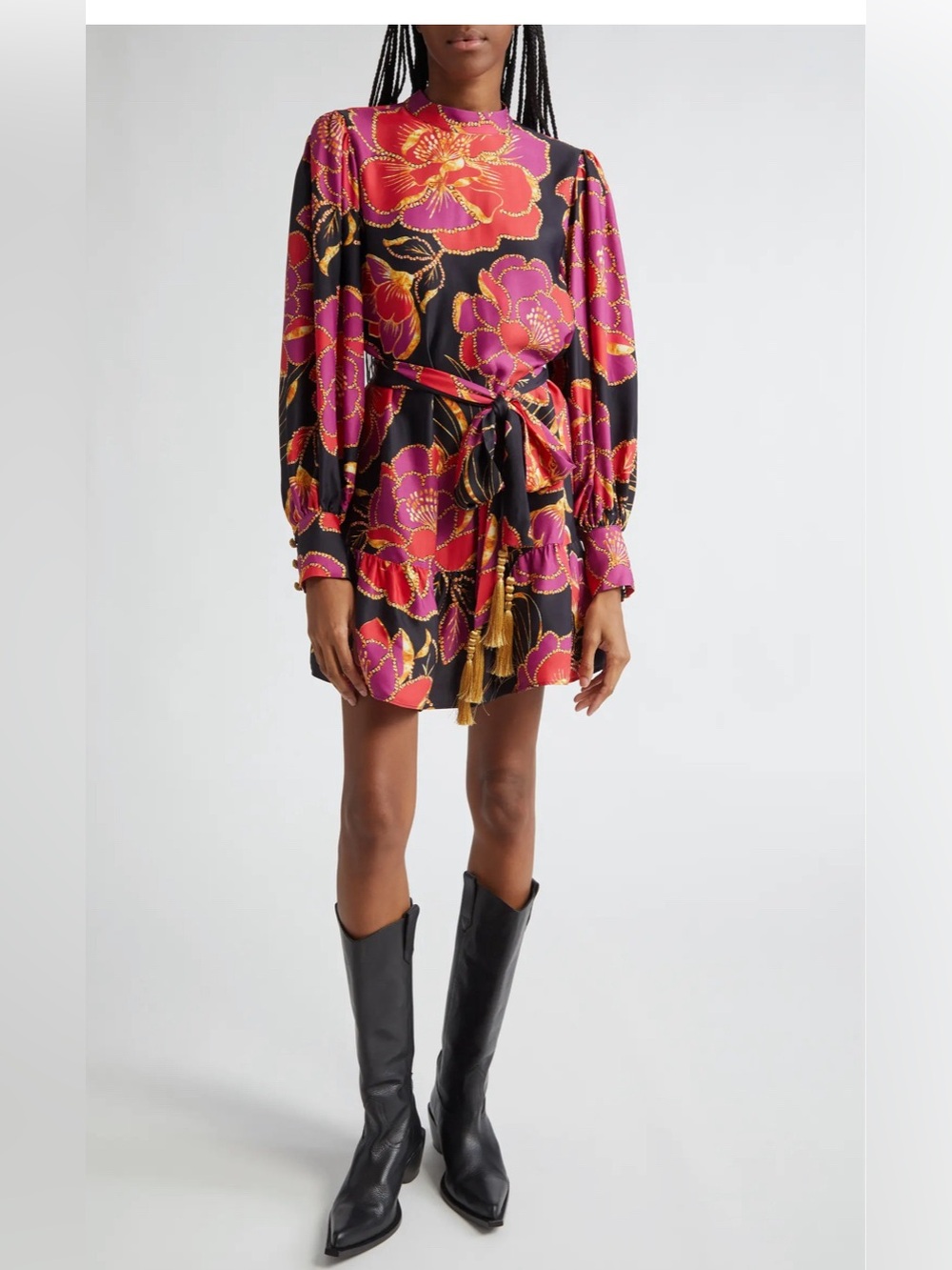 Farm Rio Shiny Chita Floral Print Long Sleeve Minidress size M